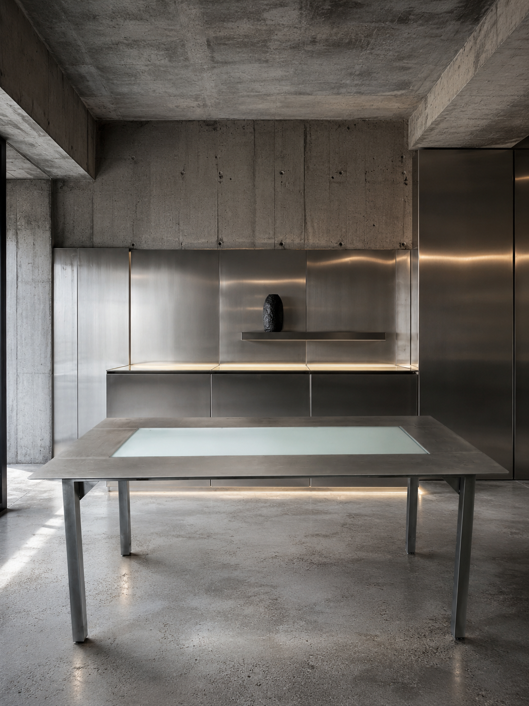 Table en inox vintage et verre fumé