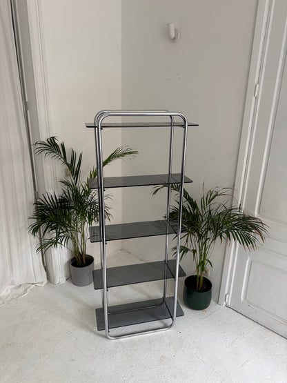 Étagère vintage en chrome et verre fumée