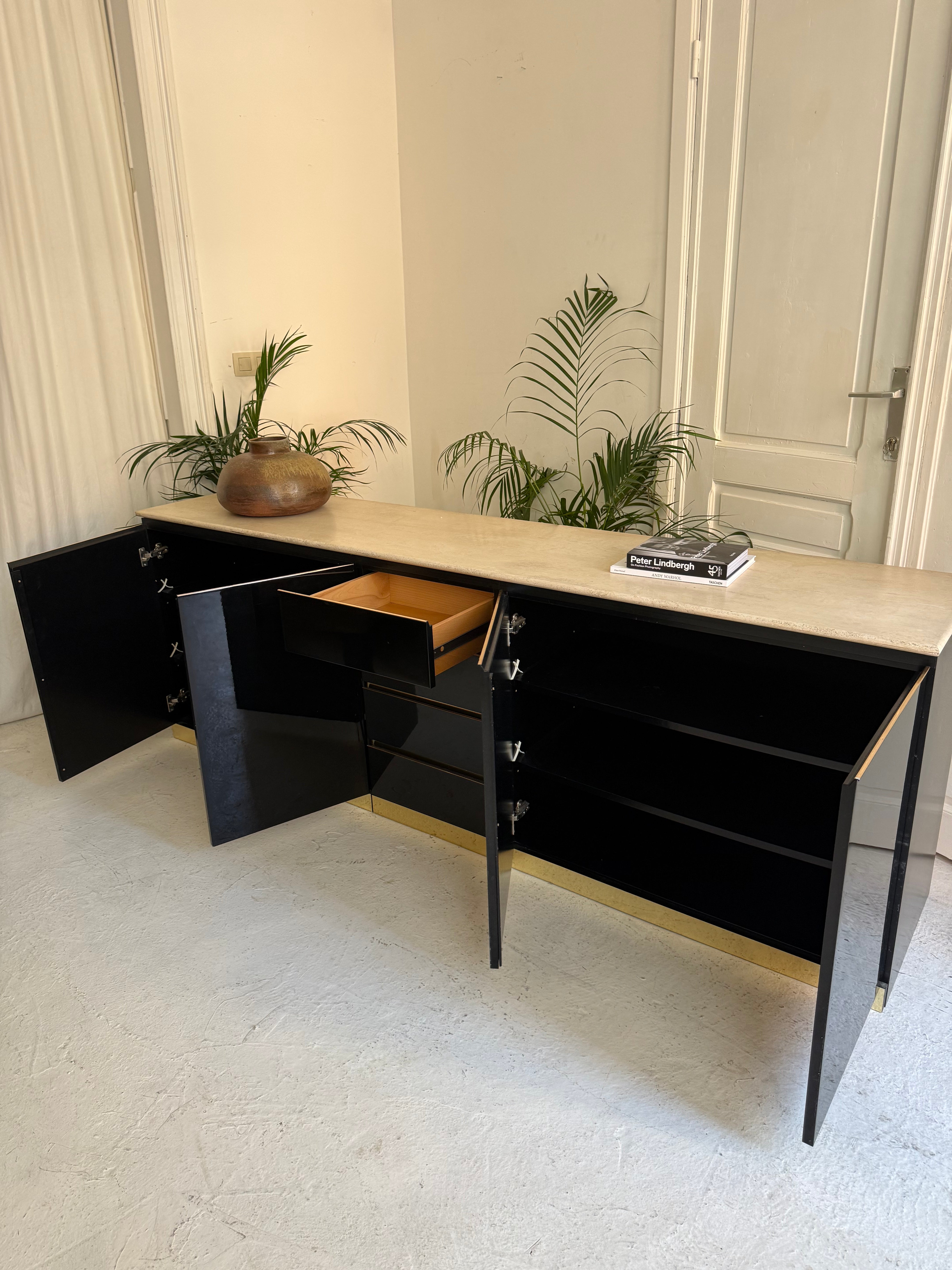Enfilade vintage en travertin et laiton