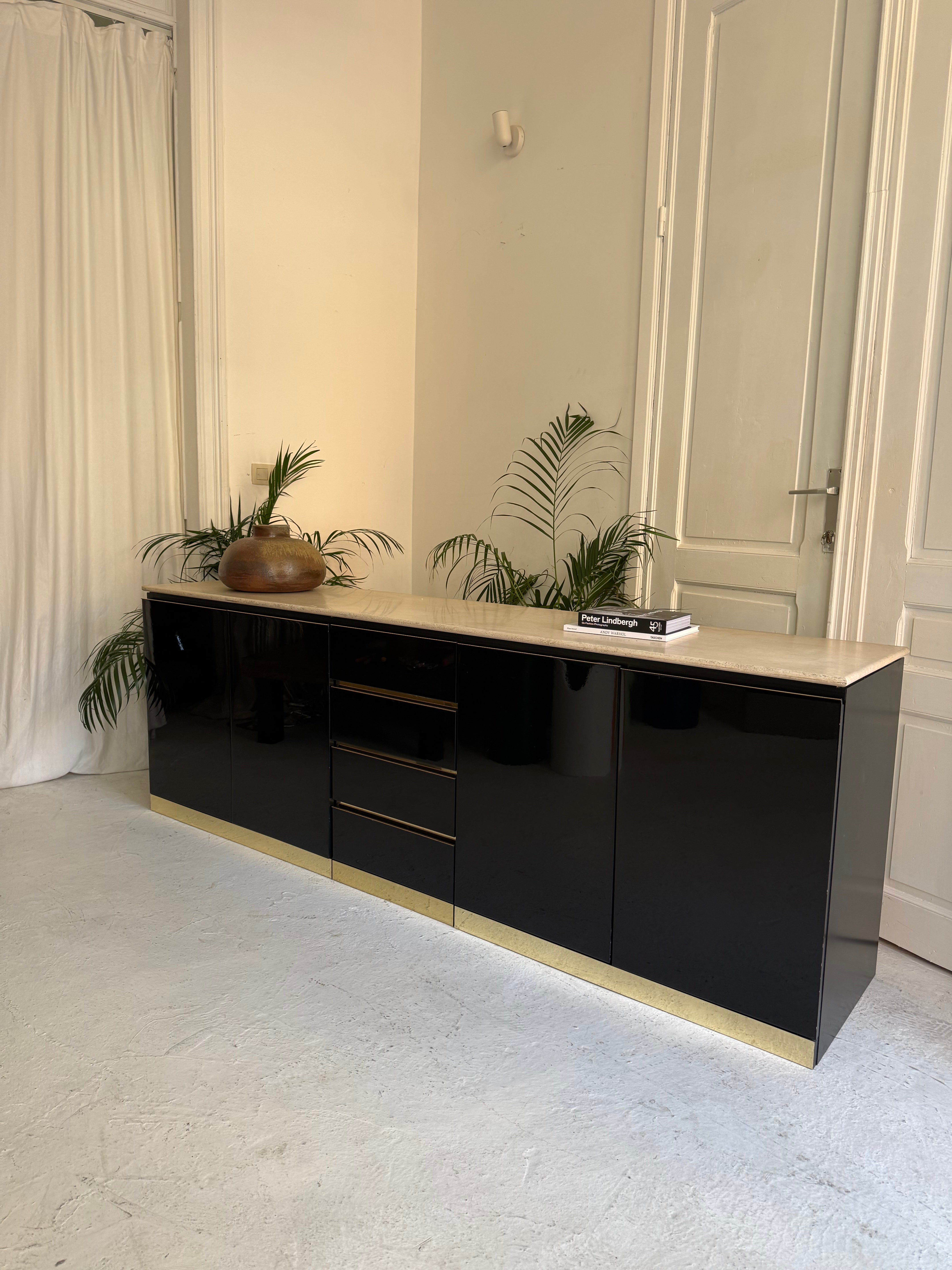 Enfilade vintage en travertin et laiton