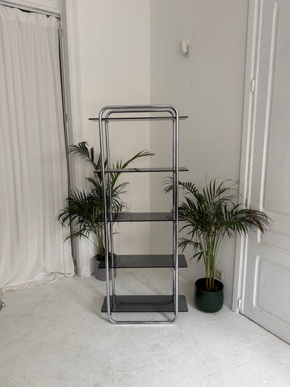 Étagère vintage en chrome et verre fumée