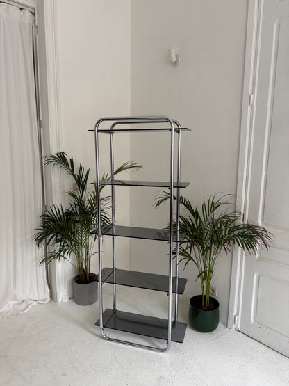 Étagère vintage en chrome et verre fumée