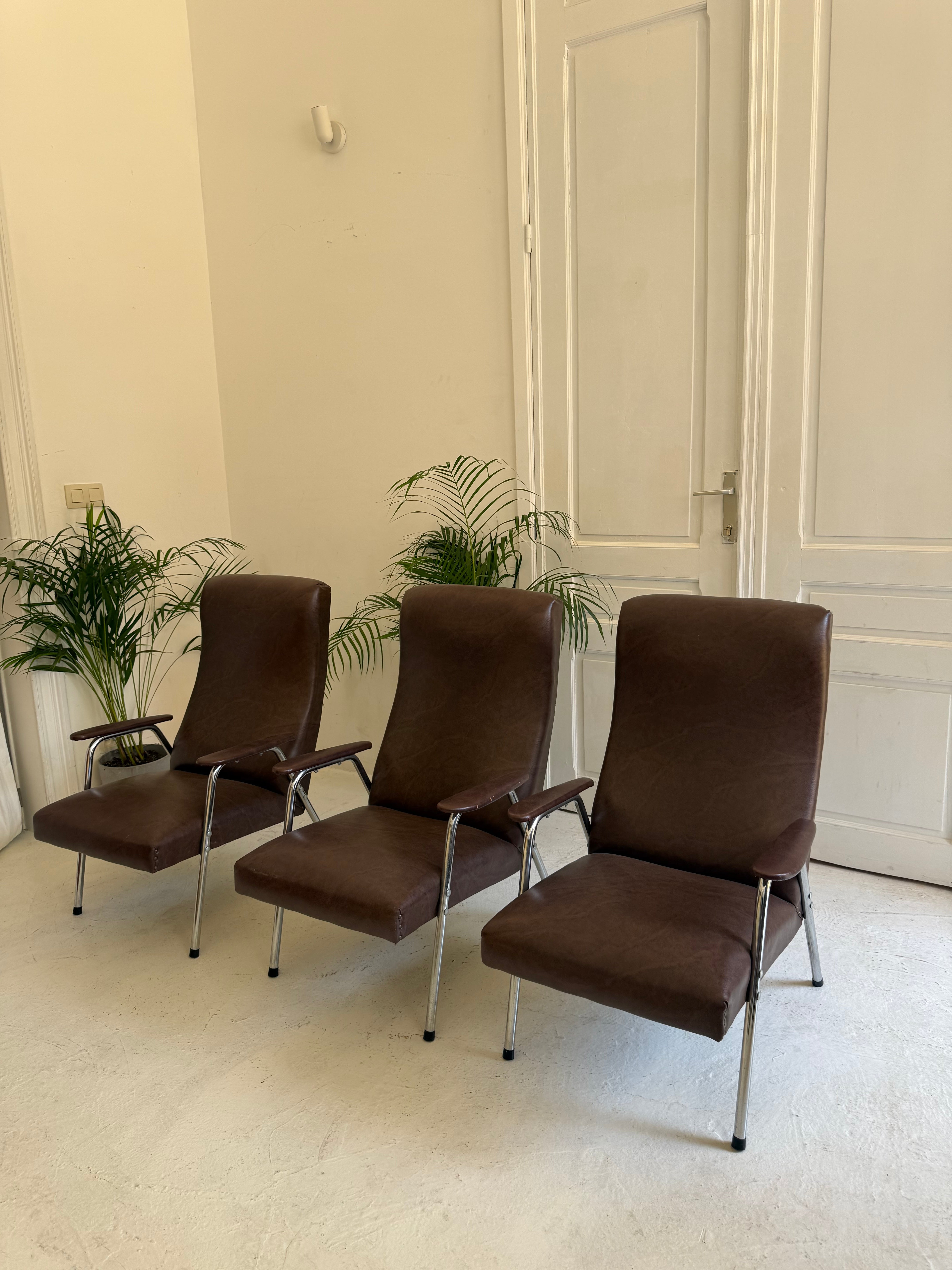 3 fauteuils vintage brun 1970