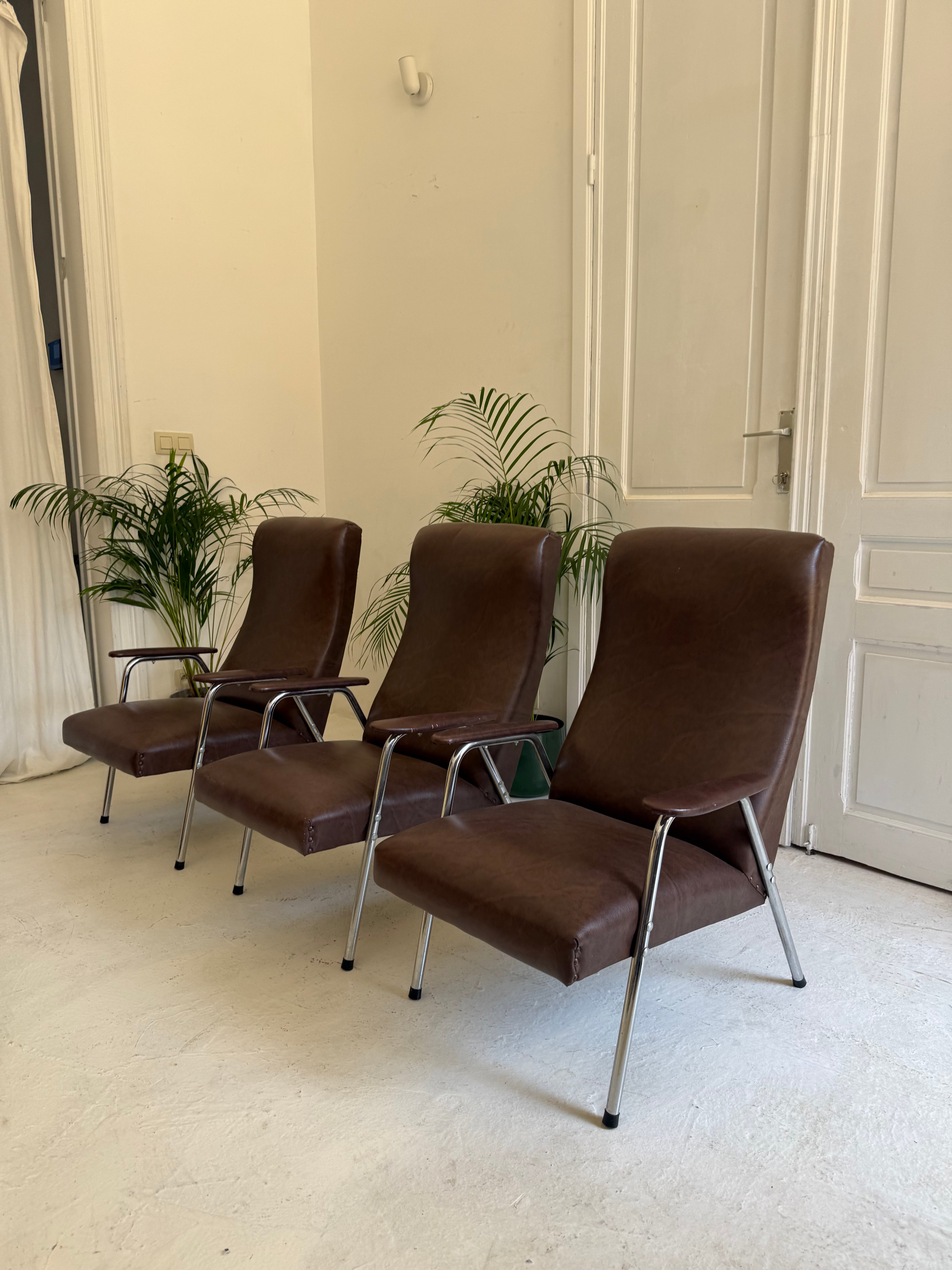 3 fauteuils vintage brun 1970